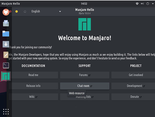 TROM-Jaro Linux, pantalla de bienvenida de Manjaro