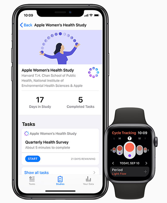 Apple Research App, iPhone 11, estudio de salud de la mujer Apple Watch Series 5