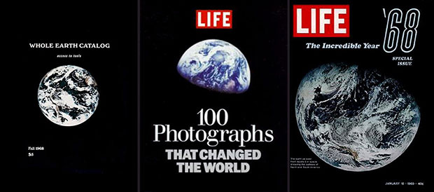 Primera cubierta del catálogo de la Tierra entera 1968; Life: portada de '100 fotografías que cambiaron el mundo' 2003; Edición especial de vida enero de 1968 con fotografía del Apolo 8.