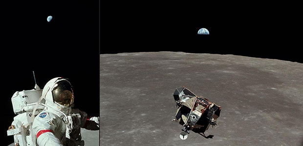 Astronauta y Tierra del Apolo 17, 1972 y Módulo Lunar y Tierra del Apolo 11, 1969