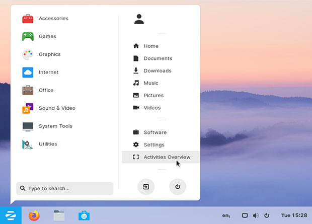 Panel de menú tipo Zorin OS Windows 7 y barra de panel de estilo GNOME.
