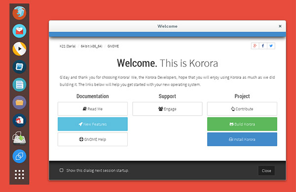 Korora welcome screen