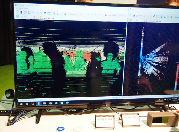 The green on this LIDAR display shows how a driverless car might distinguish humans from the surroundings.