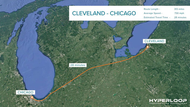 Hyperloop TT Cleveland to Chicago route map