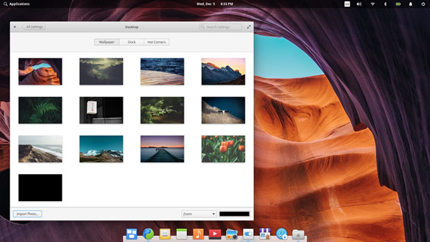 Elementary OS Pantheon desktop settings for wallpaper, appdock, hot corners