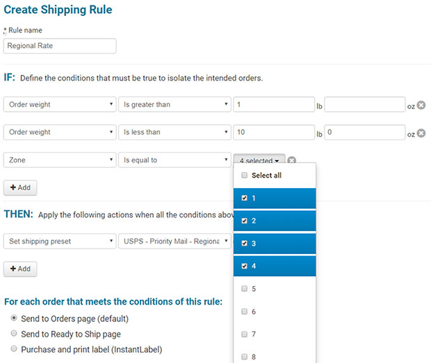 USPS Regional Rate: Create Shipping Rule screenshot