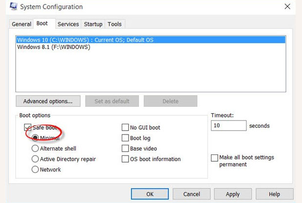 Windows 10 System Configurations, Safe boot screenshot