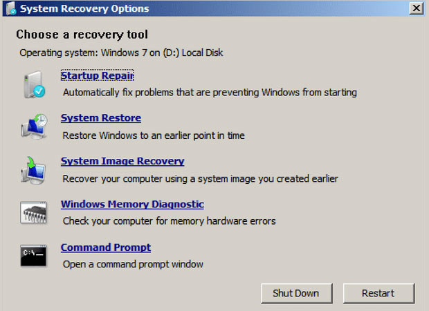 Windows 7 System Recovery Options screenshot