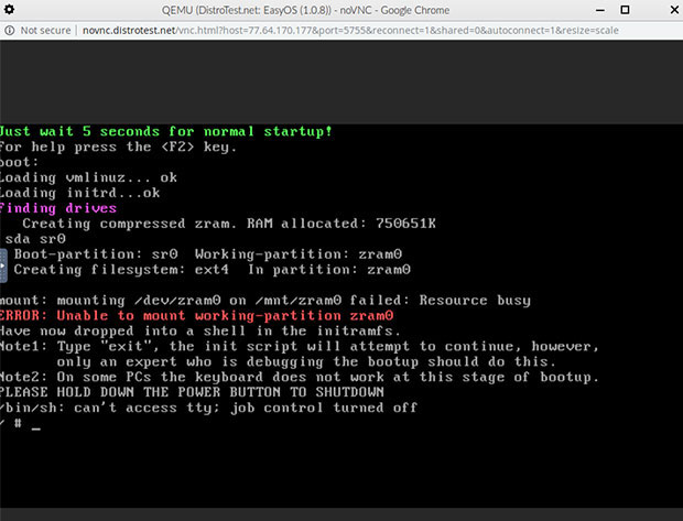 DistroTest.net VNC restart screen