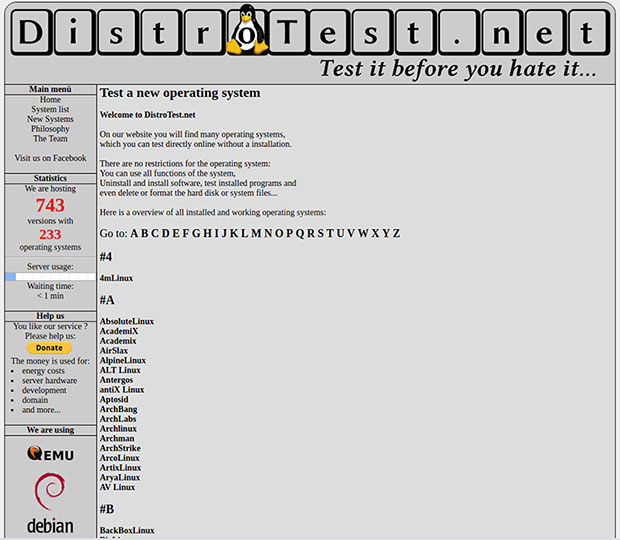 alphabetical listing of every installed Linux and BSD distro available for testing on DistroTest.net.