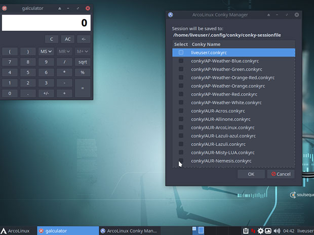 The ArcoLinux Xfce desktop lets you add numerous screen applets with the Conky Manager tool.