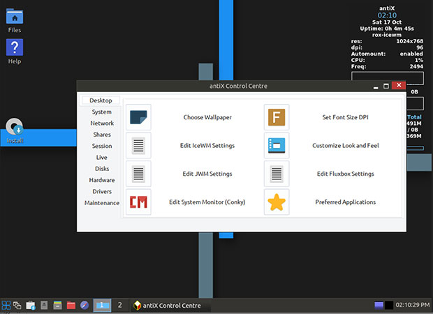 antiX Linux control center and settings panels