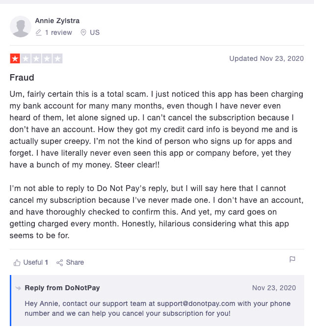 DoNotPay negative review on Trustpilot