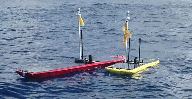 The Wave Glider SV3 (Left) and SV2 Robot Vessels.