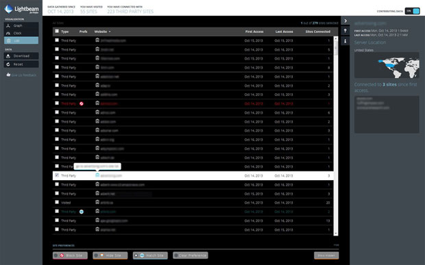 Lightbeam list view