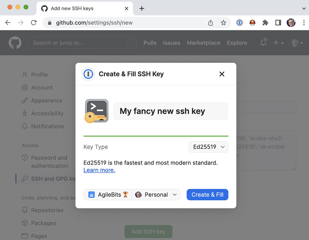 создать и заполнить ключ SSH в 1Password