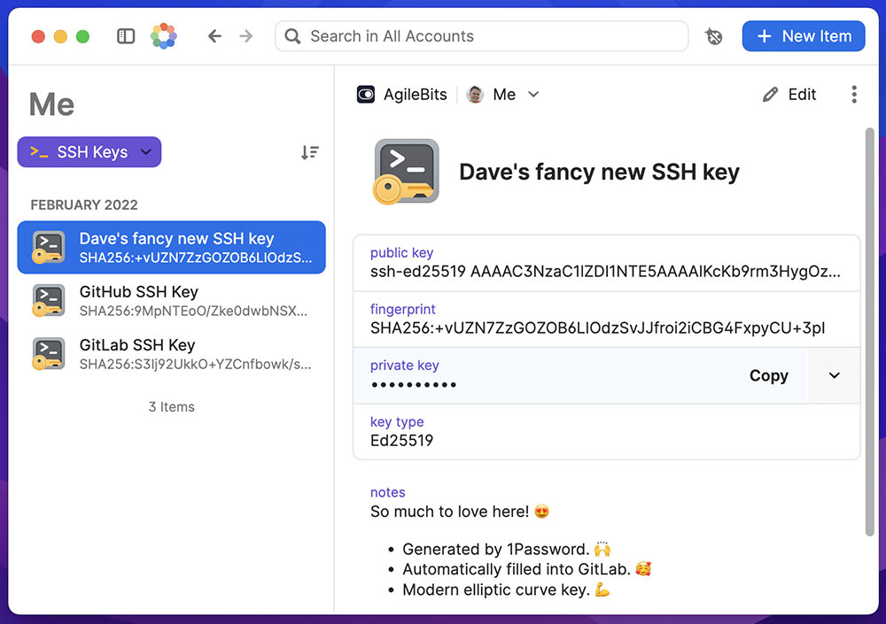 Элемент SSH Key в 1Password