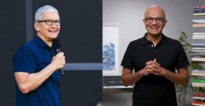 Apple CEO Tim Cook at WWDC22 and Microsoft CEO Satya Nadella at Microsoft Build 2022