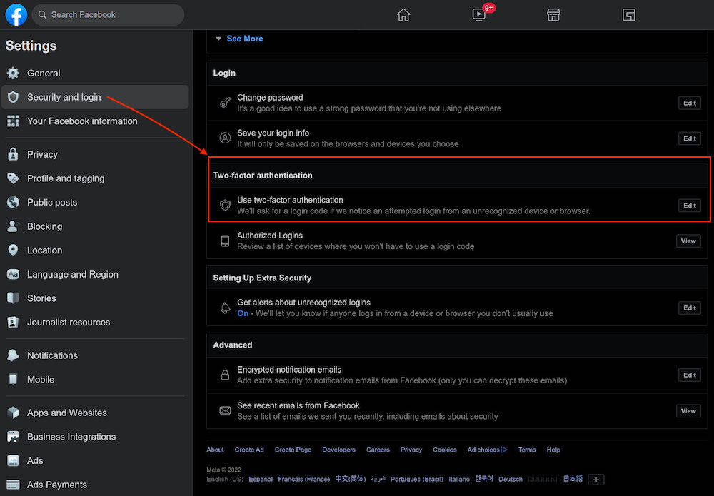 Facebook two-factor authentication settings