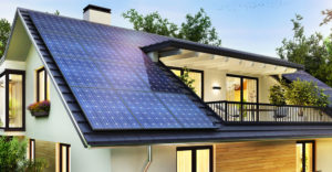 Solar panels on the gable roof of a modern home