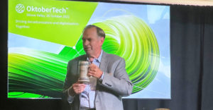 Infineon North America President Bob LeFort presents at its OktoberTech event at Levi’s Stadium, Oct. 20, 2022