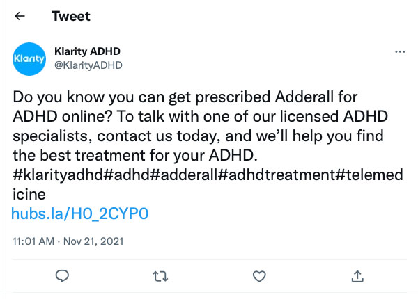 Klarity ADHD تبلیغات توییتی Adderall برای ADHD را به صورت آنلاین تجویز می کند