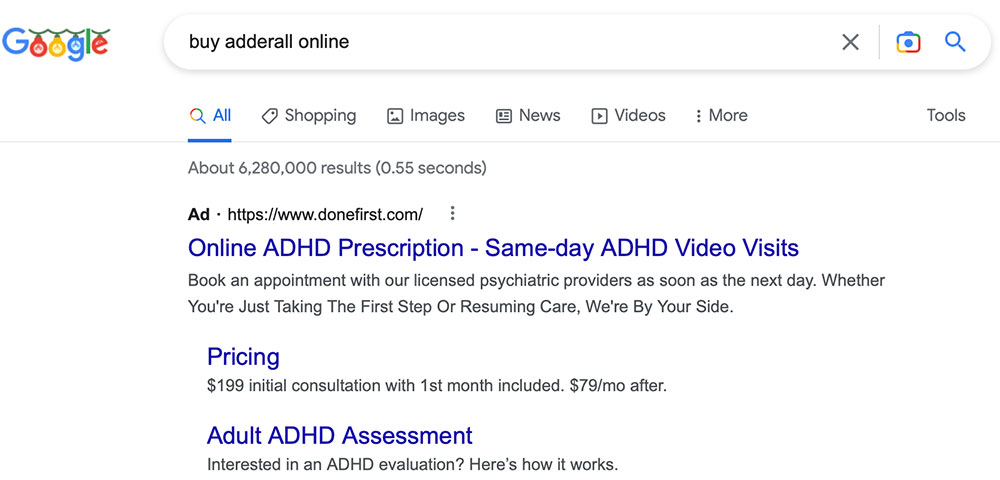 Результаты поиска Google Ad для покупки adderall онлайн у поставщика лечения СДВГ Готово