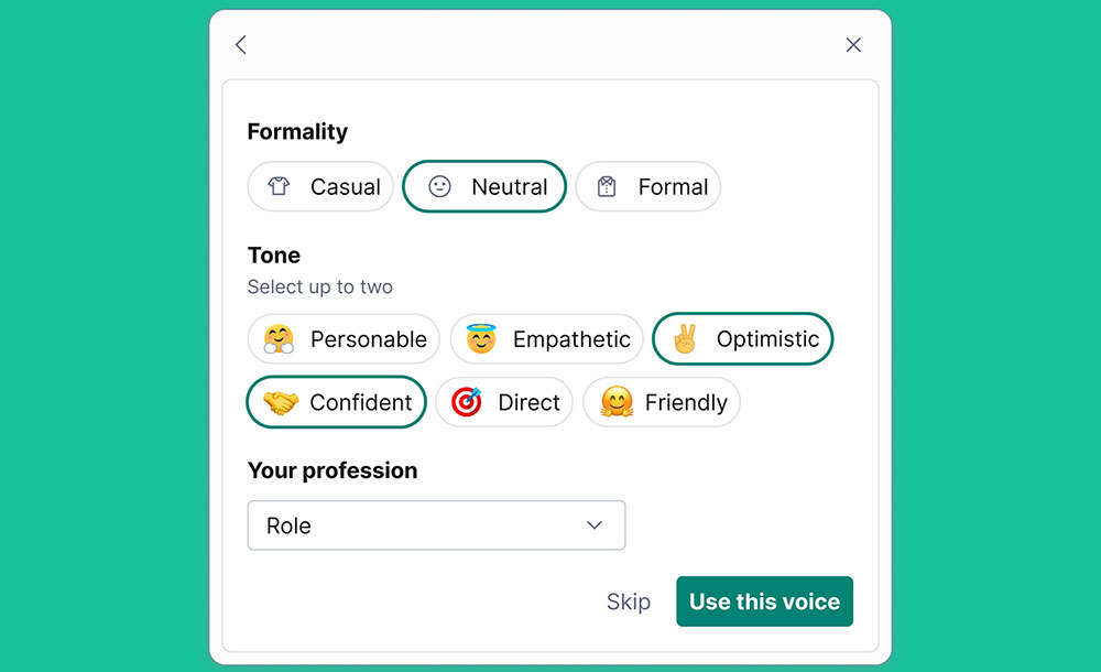 Configuraciones de GrammarlyGo para formalidad, tono y profesión