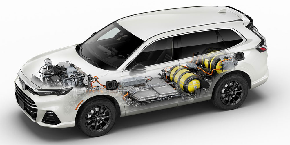 Cutaway view of the 2025 Honda CR-V e:FCEV, showing its powertrain and internal components