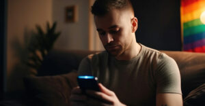 A man looking for romance using a dating app on his smartphone