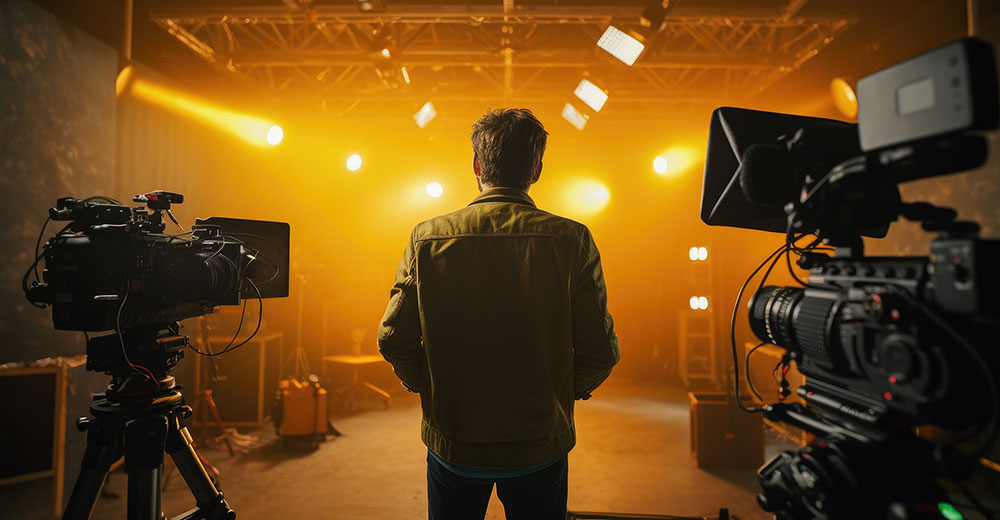 A Cameraman shooting, filming process in a studio film set