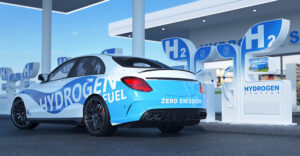 hydrogen-powered car at a refueling station