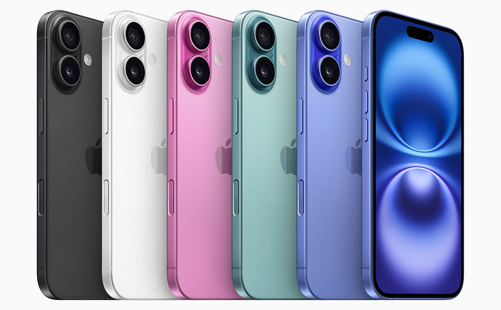 iPhone 16 color options: black, white, pink, teal, and ultramarine