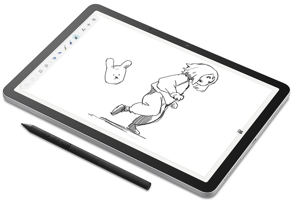Wacom MovinkPad 11 with stylus and sketch of a running character on screen