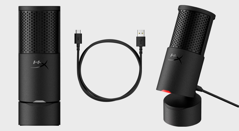 HyperX SoloCast 2 condenser microphone with built-in stand, USB-C to USB-A cable, and angled side view.