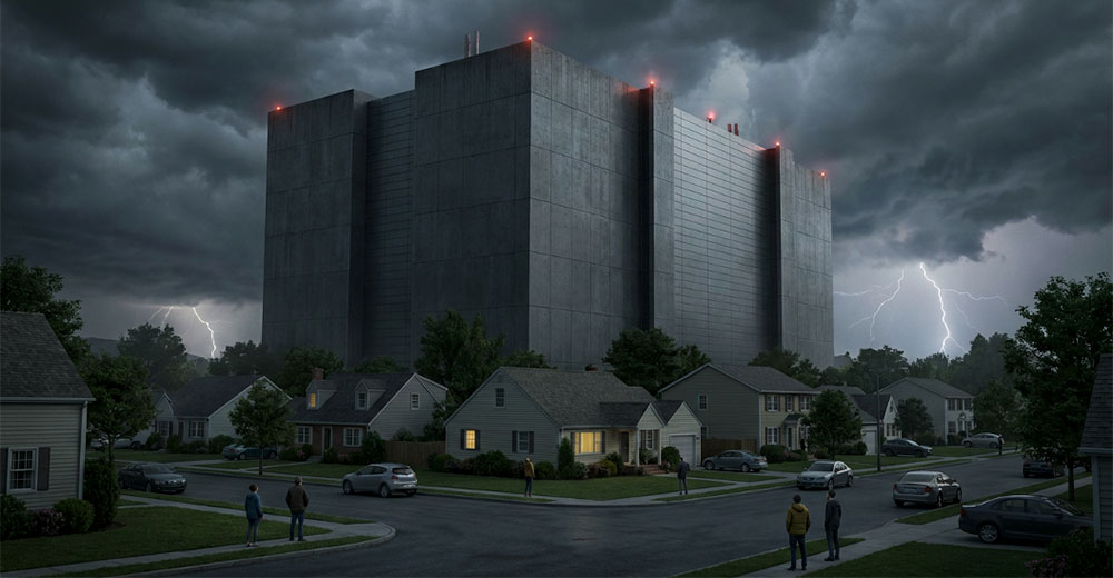 Large AI data center towering over a residential neighborhood, illustrating community concerns about infrastructure expansion.