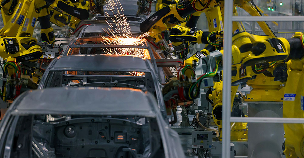 Robotic welding systems assemble vehicle bodies at Hyundai Motor Group Metaplant America in Georgia.