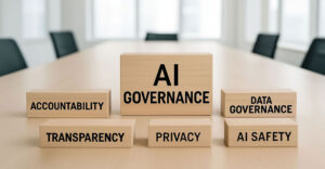 AI governance surrounded by accountability, transparency, privacy, data governance, and AI safety
