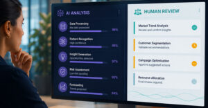 Business professional reviews AI-generated insights alongside human validation tasks on an enterprise workflow dashboard.