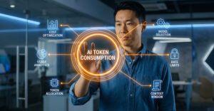 Professional interacting with an enterprise AI token consumption interface showing usage analytics, token allocation, and cost optimization.