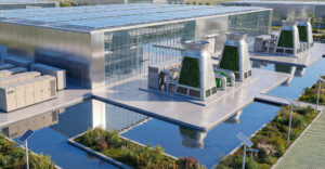 Modern data center with water-cooling systems and water-management infrastructure.