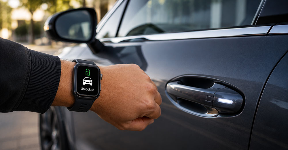 Person using a smartwatch to unlock a car with a digital key.