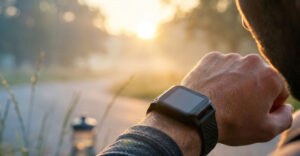 Person wearing a smartwatch while outdoors at sunrise.